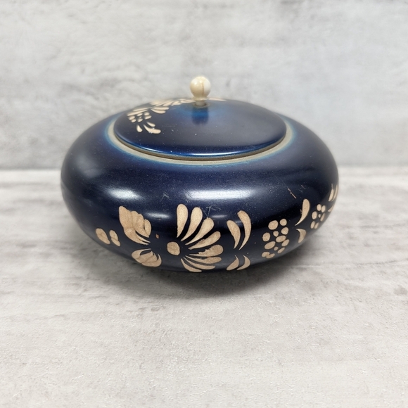 Cobalt Blue Wooden Hand Carved Trinket Box Floral Decore - Picture 2 of 11
